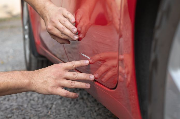 Eine Hand, die auf einen Kratzer in einer roten Autotür zeigt.
